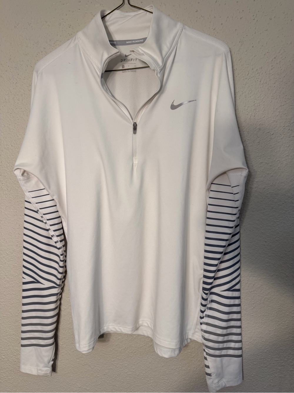 Nike White Quarter-Zip Pullover with Navy Striped Sleeves